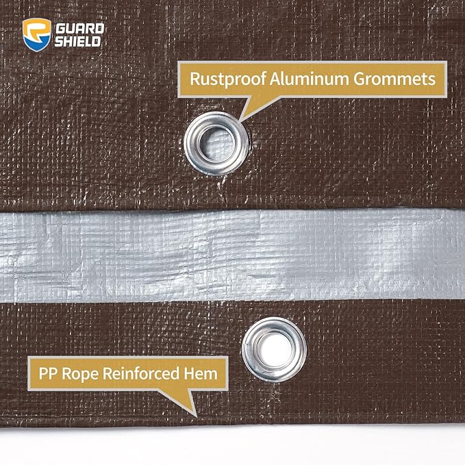 GUARD SHIELD Tarps Heavy Duty Waterproof 16x20 Feet Brown/Bright Silver Poly Tarp Cover Outdoor Thick UV Resistant Tarpaulin with Grommets 10mil