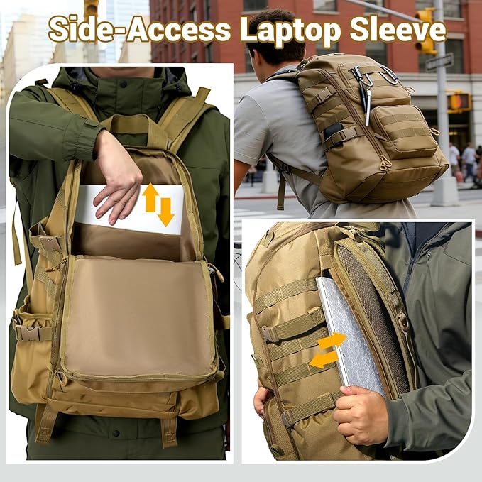 Lightweight Tactical Backpacks with Laptop Compartment for Men 40L EDC MOLLE Military Style 17 in Computer with Cup Holder Travel Hiking Daypack (Khaki)