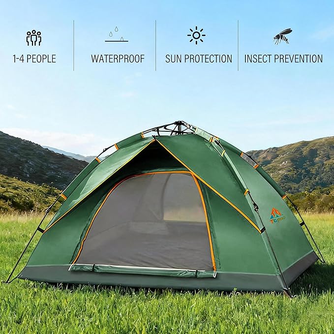 Quick Set Up Waterproof 4-Person Camping Tent with Bug Netting - Instant Pop-Up Tent for Family Camping & Hiking | All-Weather 4-Season Outdoor Shelter