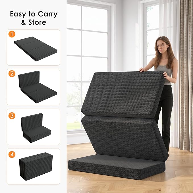6 Inch Tri-Fold Mattress Twin Size, Portable Memory Foam Guest Bed with CertiPUR-US Certified Cooling Gel & Washable Cover, Folding Mattress for Camping, Dorm, RV & Living Room, Black