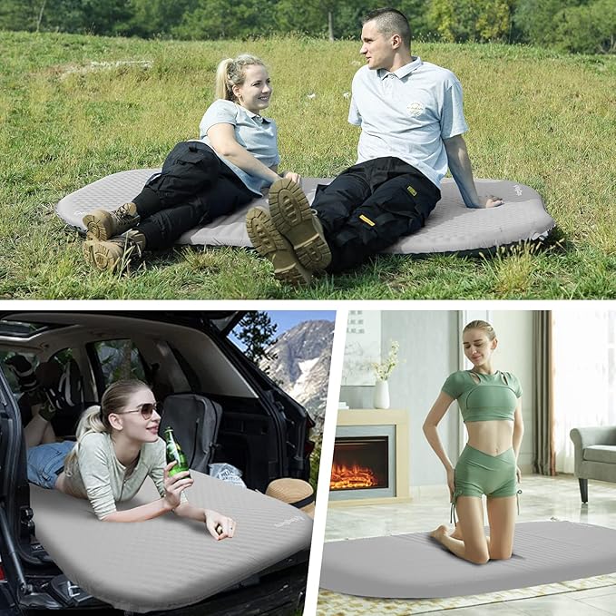 KingCamp Sleeping Pad for Camping Double Size Self Inflating Camping Mattress 11 R-Value Foam Pads 3" Thick 2 People Outdoor Pad Light Grey