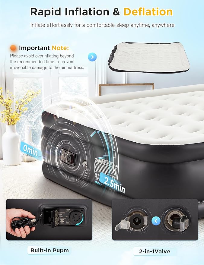 Full Size Air Mattress with Built-in Pump 18" Raised - 2-Min Set Up, No Odd Smell, 600 lb Support, Foldable Air Bed with Storage Bag, Perfect for Camping, Guests & Home Use