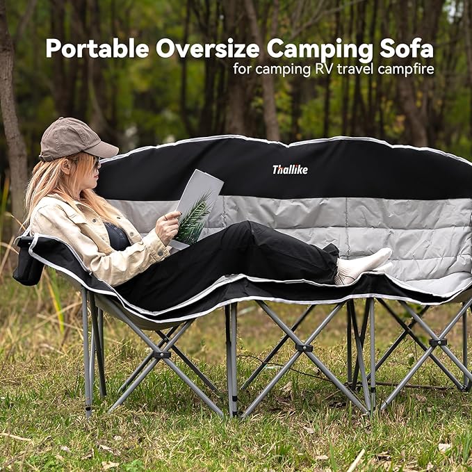 Double Camping Chair – 2-3 Person Outdoor Folding Sofa with Cup & Wine Glass Holders – Oversized Loveseat Camping Couch for Campfire, RV, Backyard – Supports Up to 660 lbs