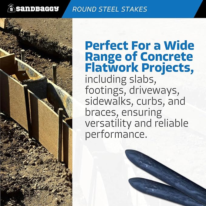 Sandbaggy Round Steel Concrete Form Stakes with Nail Holes - Rust Resistant Coating - Removable, Reusable (5, 3/4 in X 12 in)
