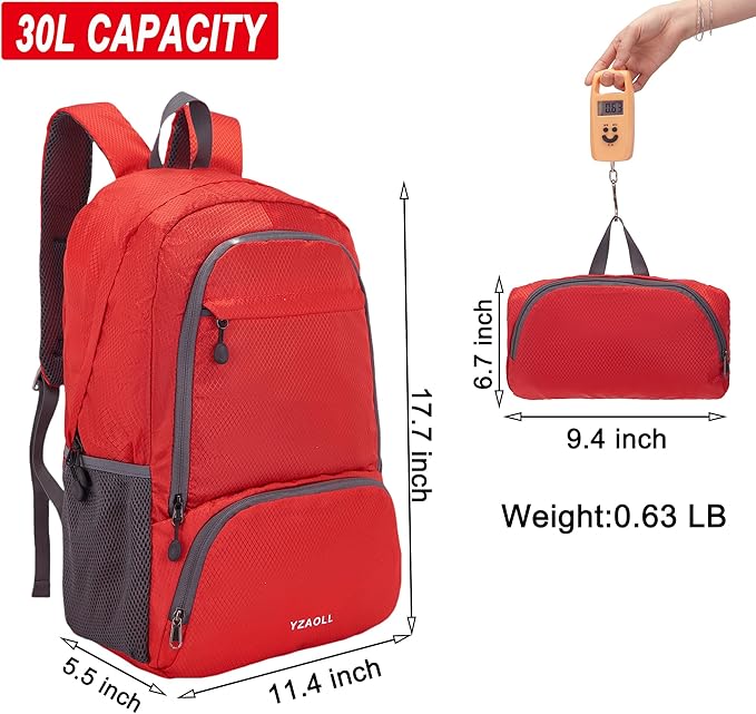 YZAOLL 30L Hiking Backpack Lightweight Day Packs, Packable Backpack for Women Men Travel Camping Vacation,Burgundy