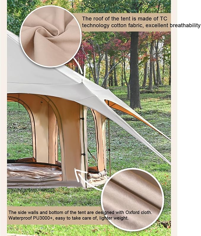 4 Person/6 Person 4 Season Canvas Bell Tent, Black, 300x300x200cm, Waterproof 3000mm+, PVC Floor, Retro Style, Camping, Glamping, Festivals, Park Activities, Summer & Winter Camping