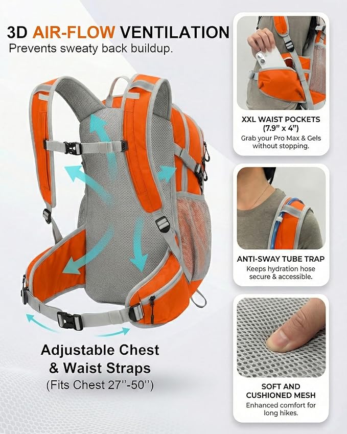 Hydration Backpack with 2L Bladder – Thermal Insulated Water Pack for Hiking, Skiing, Running – Lightweight Daypack for Men & Women, Soft-Lined Sunglasses Pocket & Large Waist Pockets