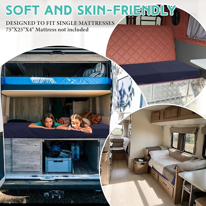 Breling Fitted Sheet (Sheet Only) Compatible with Milliard Trifold Mattress Folding Mattress Fitted Microfiber Bedclothes for Camp Bunk Rvs Bed (Navy Blue,2 Pcs,Single,6'')