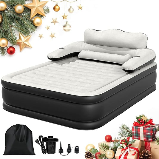 DWVO Queen Size Air Mattress with Headboard & Cup Holders, Blow Up Bed with Built-in Pump & Carry Bag, Fast Inflation Air Bed for Home, Guests & Camping, 60" x 80" x 36", Gray