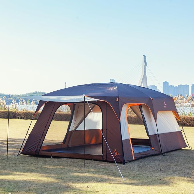 KTT Extra Large Tent 6-10-12-14 Person(B),Family Cabin Tents,2 Rooms,3 Doors and 3 Windows with Mesh,Straight Wall,Waterproof,Double Layer,Big Tent for Outdoor,Picnic,Camping,Family Gathering