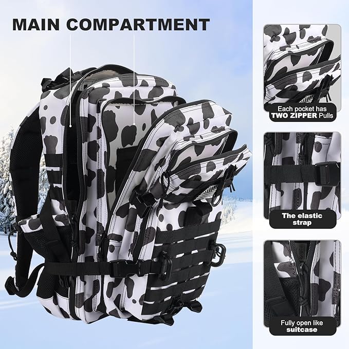 45L MOLLE Assault Backpack, Tactical Backpack Military Army Camping Rucksack with Bottle Holder, 3-Day Pack Trip w/USA Flag Patch, D-Rings, Cow Color