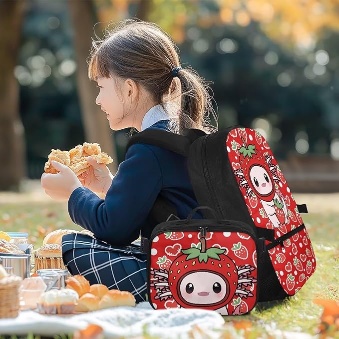 HUGS IDEA Strawberry Axolotl Backpacks for Girls Cute Kids Backpack with Lunch Box Cute Preschool School Bookbag for Kids 3-5 Large 17 Inch Schoolbag Lightweight Girls Book Bags Set