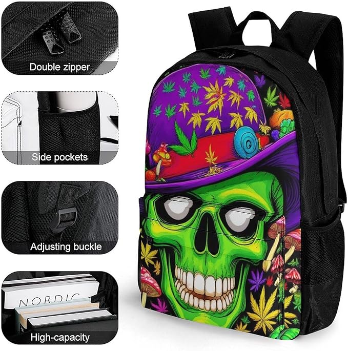Supdreamc Daypack Backpack Anti-Theft Multipurpose Large Capacity Carry On Bag, Trippy Space Weedleaf Alien Art Traveling Camping Backpack With Side Pockets