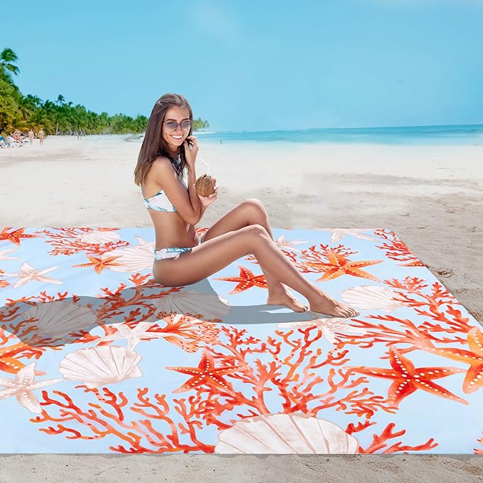 Beach Blanket Waterproof Sandproof, 9 Ft X 10 Ft Extra Large Sand Free Beach Mat, Big Compact Lightweight Quick Drying Picnic Blanket with 4 Stakes & Pockets for Camping, Travel, Hiking