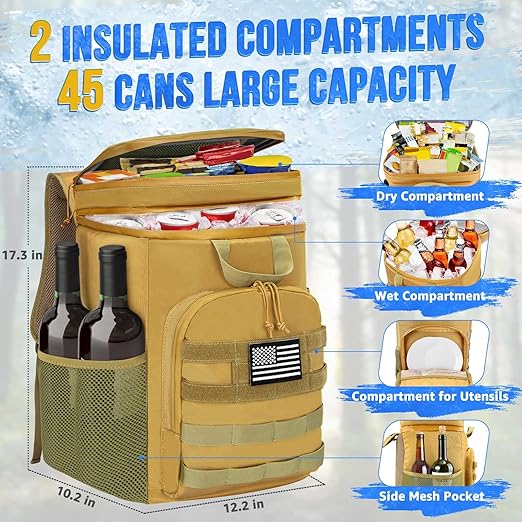 WOTOW Backpack Cooler Tactical Insulated 45 Cans - Leak Proof Cooler Backpack for Men Women, Large Capacity Soft Cooler Bag with Top Handles, Lunch Backpack Bag for Beach Hiking Picnics Work (Brown)