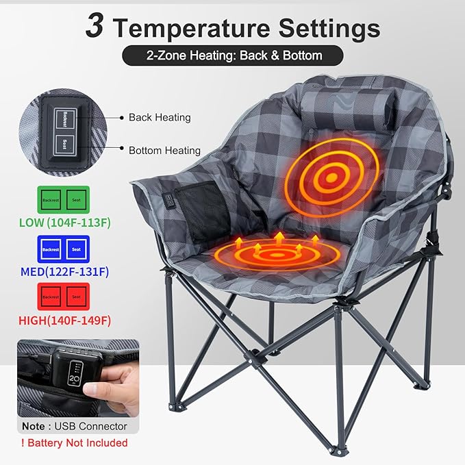 ABORON Oversized Heated Camping Chair, Portable Folding Recliner with 3 Heat Settings, Heavy-Duty Fully Padded Chair Supports Up to 500 lbs, Ideal for Outdoor Adventures