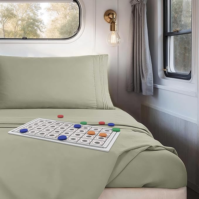 Hearth & Harbor Short Queen Sheets for RV, Sage Green RV Queen Sheets, Silky Soft 1800 Microfiber Bed Sheet for Camper, 4 Piece RV Bedding with Pillowcases