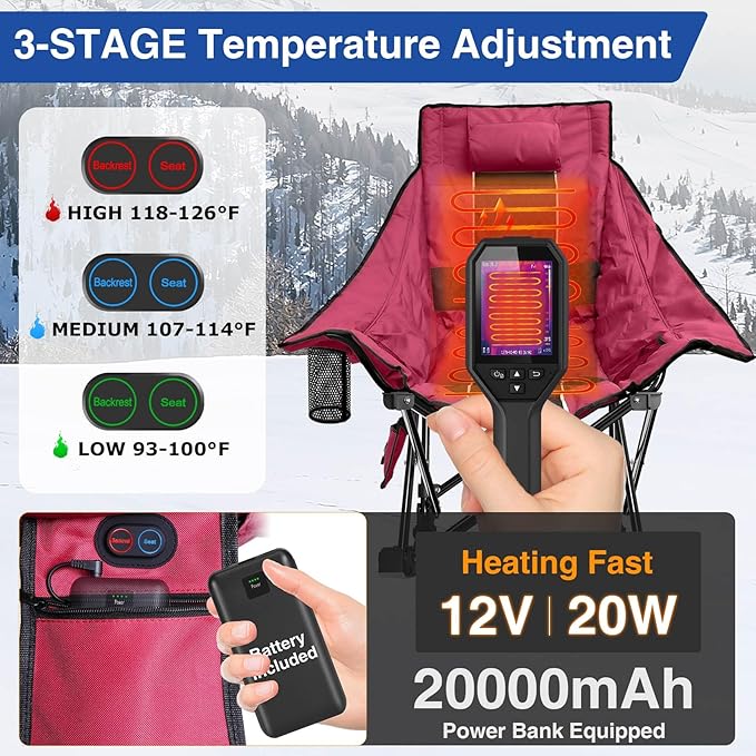 Slendor Heated Rocking Camping Chair with Padded & Pillow, 2000mAh Power Bank, 3 Adjustable Heat Settings, Oversized Camping Chair for Easy Setup and Foldable Storage, Red