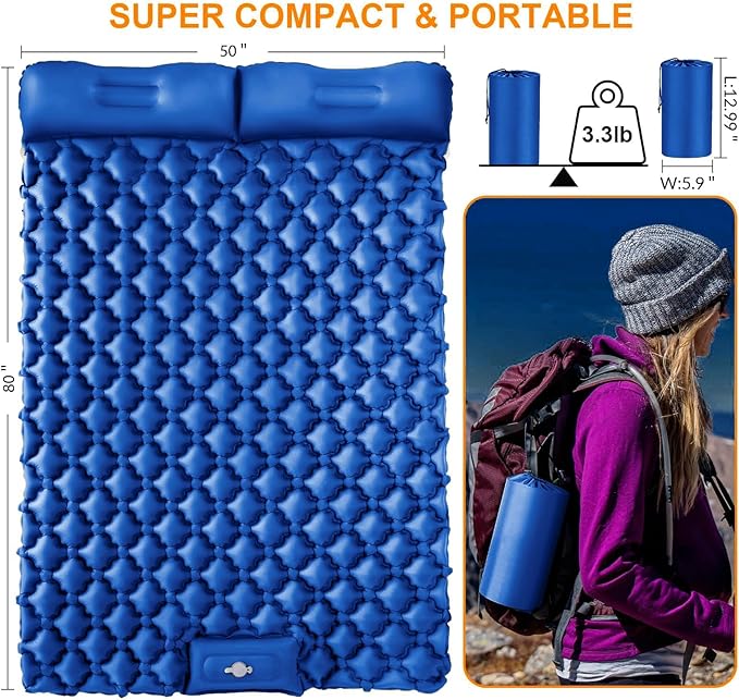Double Sleeping Pad, Ultralight 4" Extra-Thick Self Inflating Sleeping Mat for 2 Person with Pillow Built-in Foot Pump Portable Camping Mat for Backpacking, Hiking, Traveling, Tent, Camping(Blue)