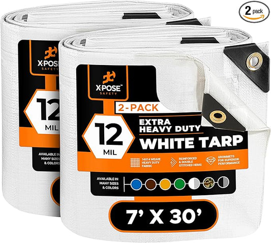 Heavy Duty White Poly Tarp 7' X 30' (2-Pack) - Multipurpose Protective Cover - Durable, Waterproof, Weather Proof, Rip and Tear Resistant - Extra Thick 12 Mil Polyethylene - by Xpose Safety