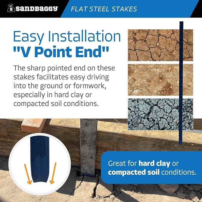 Sandbaggy Flat Steel Stakes for Concrete Forms with Nail Holes - 1.5" Wide - Painted - Removable, Reusable, V Point End - Construction Grade Stakes (10, 48 inch)