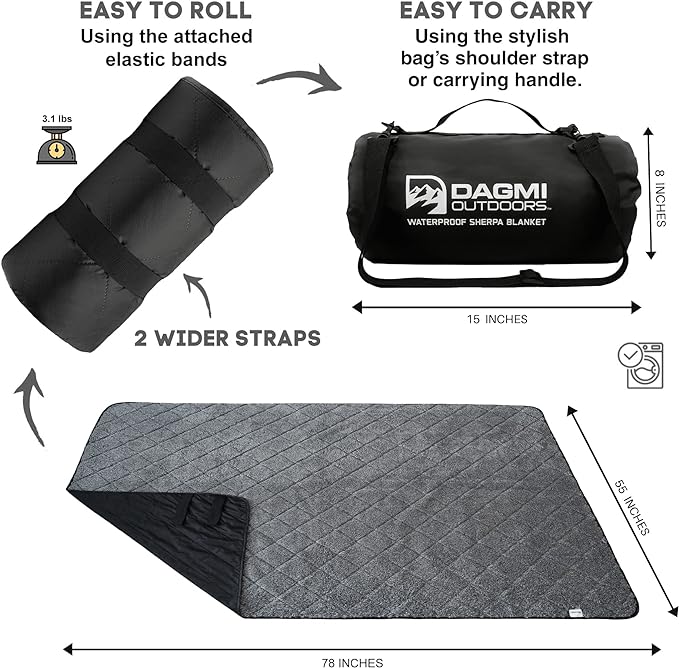 Sherpa Waterproof Outdoor Blanket. Large Sherpa Camping & Stadium Blanket for Cold Weather. Perfect for Picnic, Sports, Concerts, Outdoors, Boat. Windproof, Extra Warm, Machine Washable.