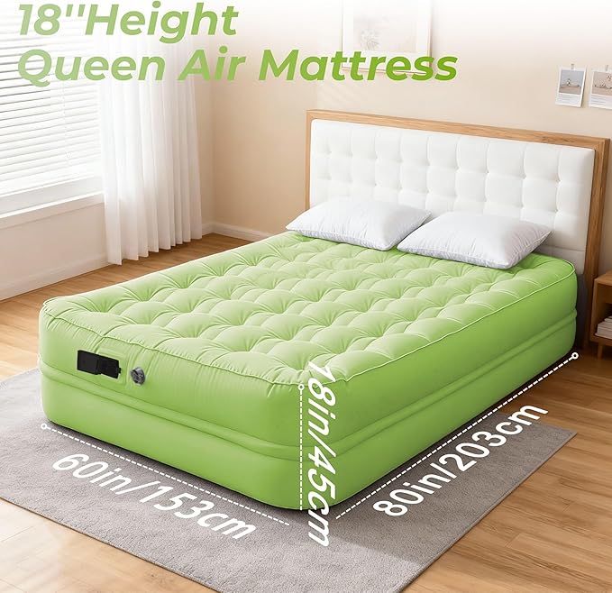 Queen Air Mattress with Built-in Battery Pump, All Luxury Cooling Pongee Fabric Material, Waterproof & Leakproof Air Mattress Queen, Portable Foldable Guest Bed (18", Green)