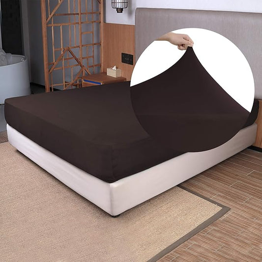 Queen Size Fitted Sheet Only - 4-Way Stretch Jersey Knit, T-Shirt Feeling & Ultra Soft, Wrinkle Free, Non-Slip & Snug Fit for Mattress (Deep: 5"-16") - Brown, Queen
