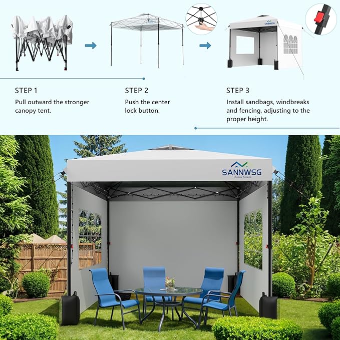 10X10 Pop Up Canopy Tent with 3 Sidewalls,Easy Up Canopy,Commercial Instant Shelter,Heavy Duty One Person Set Up Event Tent,White