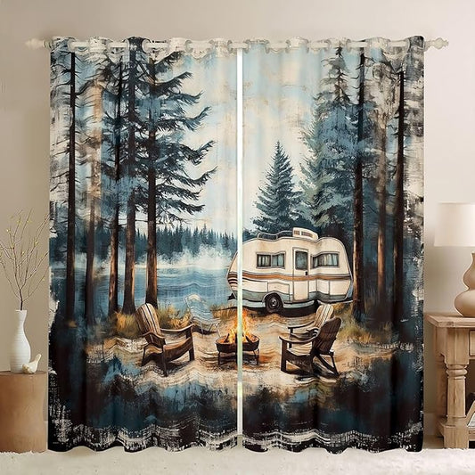 Manfei Camper Camping Window Drapes,Bonfire Campfire RV Trailer Adventure Nursery Bedroom Playroom Decor,Pine Tree Lake Fishing Rustic Farmhouse Girls Boys Room Decor,Black 2 Panels,42Wx90L inch