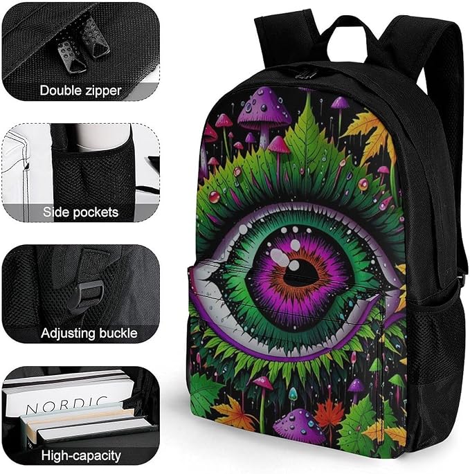 Lightweight Daypack for Camping Business Walking Cycling, Large Capacity Anti-Theft Multipurpose Bookbag, Trippy Eye Mushroom Art Gym Outdoor Hiking Backpack