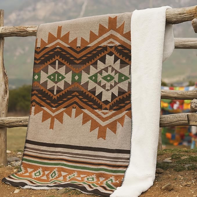 Aztec Throw Blanket with Soft Sherpa Lining, Traditional Southwestern Navajo Tribal Style Warm Throw for Camping, Outdoor, Cozy Boho Blanket for Couch, Sofa, Bed, 60"x80", Yellow