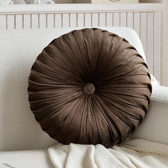 Round Throw Pillow Velvet Home Decoration Pleated Round Pillow Cushion for Couch Chair Bed Car (Brown)