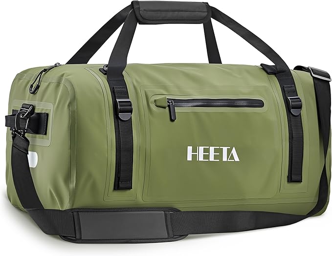 HEETA Waterproof Motorcycle Dry Bag, Waterproof Duffel Luggage Travel Bags with Zippered Closure & Pocket, Shoulder Straps, Large Space for Motorcycling Camping Commuting Boating (Green, 50L)
