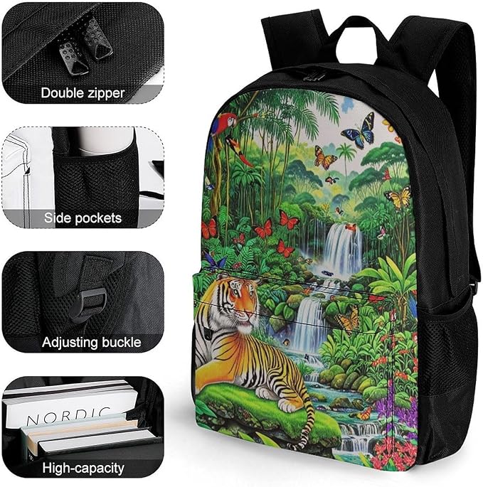 Daypack Backpack Multipurpose Anti-Theft Large Capacity Bookbag, King Of The Tiger Tropical Rainforest Landscape Jungle Parrot Birds Travel Hiking Camping Rucksack With Adjustable Shoulder Straps