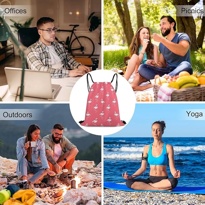 Theft Proof Drawstring Bag Water Resistant Cinch Sack Gym Sport Backpack for Travel Camping, Pink Flamingos Pattern Bags