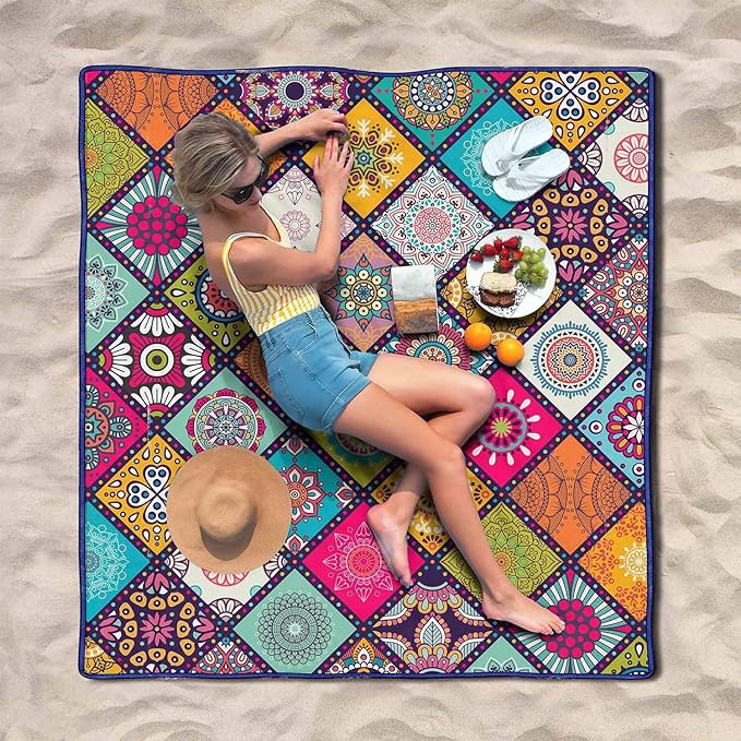 Waterproof Picnic Blankets Foldable & Portable 80''x80'' Boho Picnic Mat for Outdoors, Large Washable Picnic Blanket for Travel Camping Beach, Park Grass Picnic Blanket Accessories for Adults