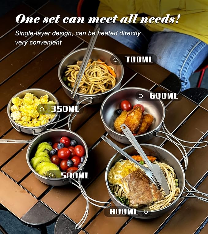 Boundless Voyage Titanium Bowls Dishes Set with Folding Handle Lightweight Portable Plates Saucers Tableware for Outdoor Camping Hiking Backpacking Ti1096T