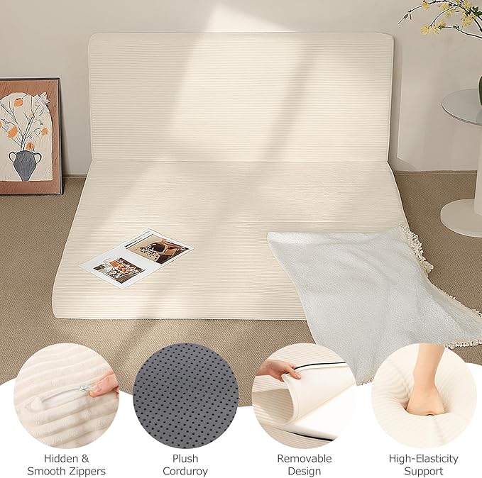 6-Inch Tri-Fold Mattress Twin Size - Foldable Futon Sofa Bed with Removable Washable Cover, Folding Memory Foam Futon Mattress | Non-Slip Bottom & Carry Handles for Guest, Camping, Dorm