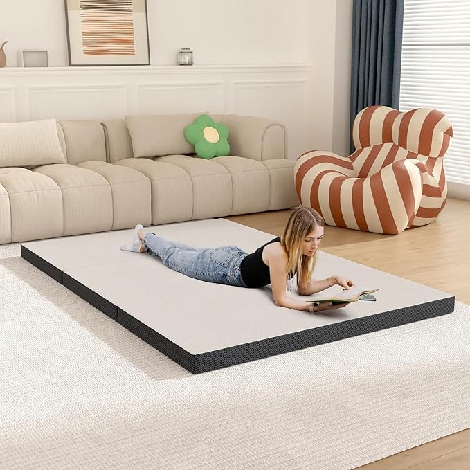 Full Size Folding Mattress Tri-Fold Memory Foam Mattress Topper | Portable for Camping, Guest, Fold Out for Floor, Travel | 3 Inch Full Size, White