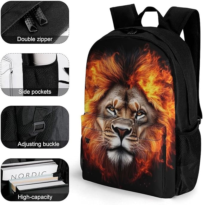 Men Women Polyester Cool Flaming Lion Fire Art Backpack Large Capacity Bookbag With Smooth Zippers for Climbing Picnic Bicycle