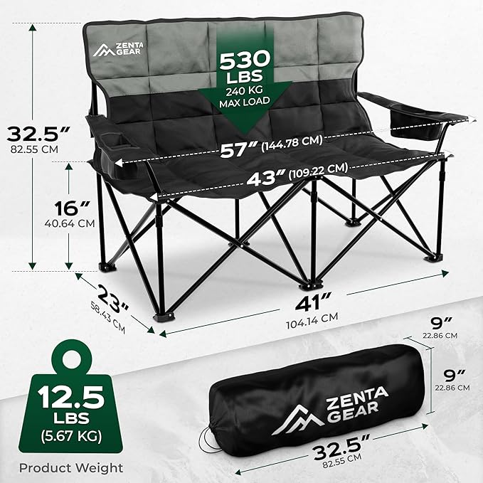 Oversized Fully Padded Double Camping Chair, Portable Folding Loveseat w/Side & Back Pockets, Adjustable Armrests, Double-Sized Cup Holders for Outdoor, Indoor, Supports 530LBS (Black)