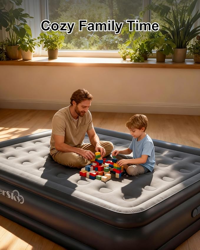 Queen Air Mattress with Built in Pump, Inflatable Mattress for Home, Blow up Air Bed 3 Min Quick Inflation and Deflation, Thin Velvet Top, 18'' Queen Size Gray
