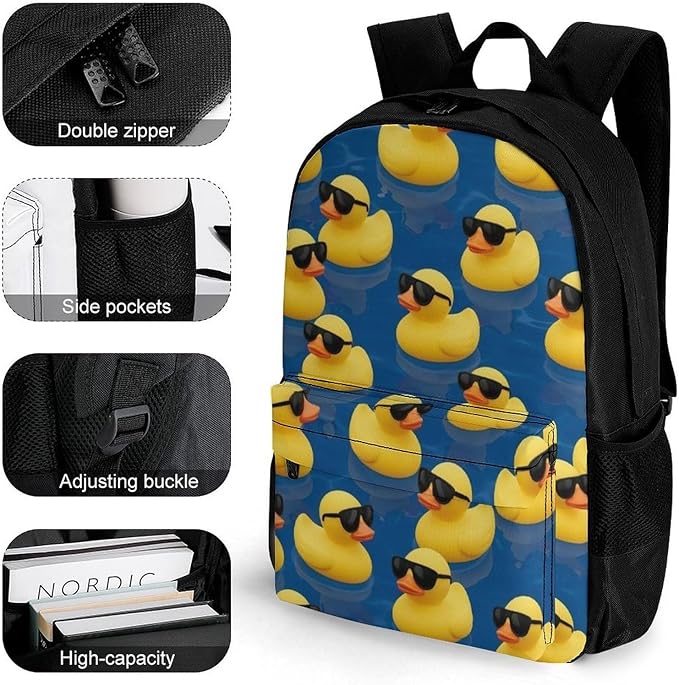 Men Women Polyester Funny Sunglasses Rubber Duck Painting Daypack Bookbag Big Capacity Shoulder Bag With Padded Straps for Climbing Travel Walking Cycling