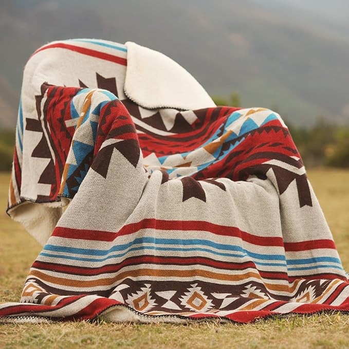 Aztec Throw Blanket with Soft Sherpa Lining, Traditional Southwestern Navajo Tribal Style Warm Throw for Camping, Outdoor, Cozy Boho Blanket for Couch, Sofa, Bed, 50"x60", Stripe Red