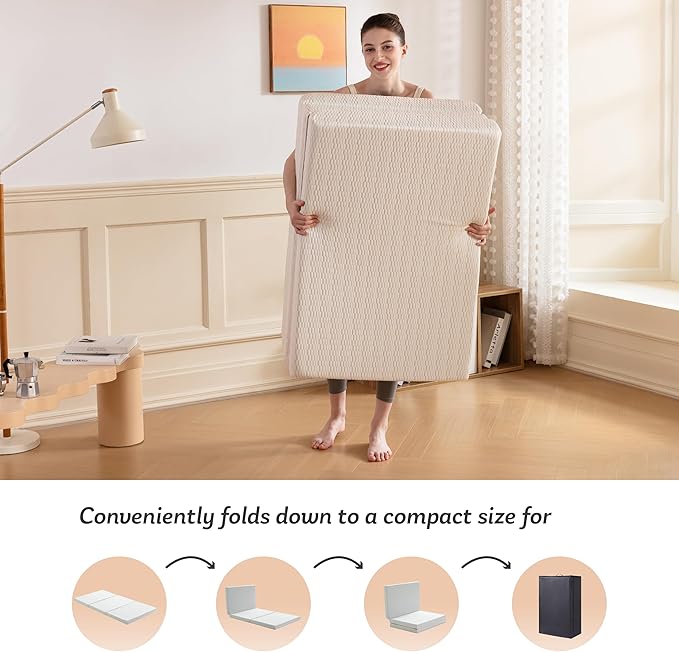 MLILY Foldable Mattress, 4 Inch Twin Tri Fold Memory Foam Mattress Topper, Floor Bed with Washable Cover for Camping, RV Travel and Guest Sleeping Mat, 75"×38"×4", White