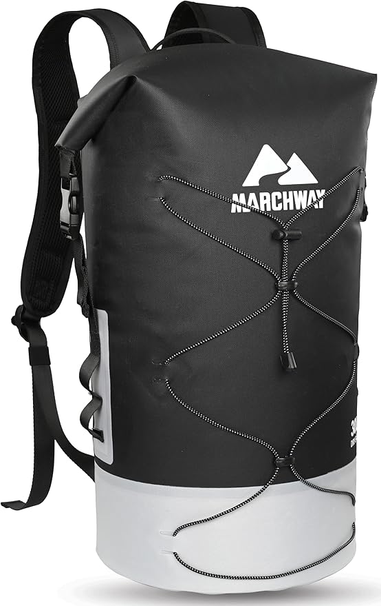 MARCHWAY Floating Roll Top Dry Bag, Flexible Lightweight TPU Waterproof Backpack 20L/30L/40L with Padded Straps for Boating, Kayaking, Swimming, Hiking, Beach (Black, 20L)