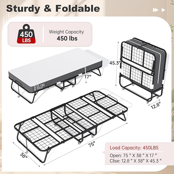 Superday Folding Bed with Mattress, 75” x 38” Portable Rollaway Bed, Twin Foldable Bed with 5" Mattress, Roll Away Beds for Adults, Fold up Beds for Guest Room&Small Apartment, Twin Size,Cot Size
