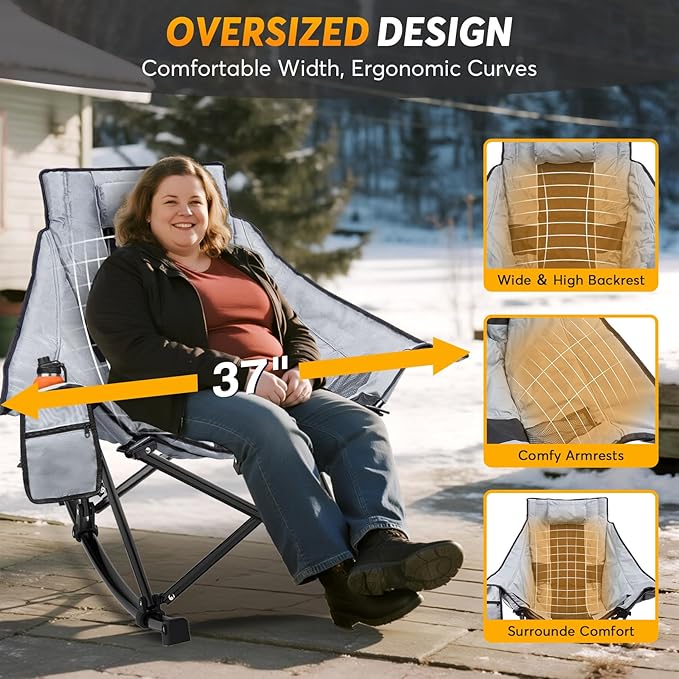 Suteck Heated Rocking Camping Chair, XL Oversized Rocking Chair Outdoor with 3 Heat Levels for Back and Seat, Heated Chairs Outdoor Sports for Patio Lawn Picnic Travel, Battery(Not Included)