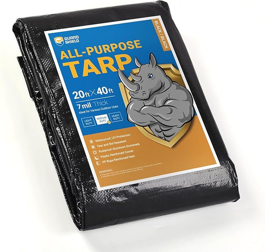 GUARD SHIELD Black Tarp Waterproof 20x40 Feet Medium Duty All Purpose Poly Tarps Cover 7mil